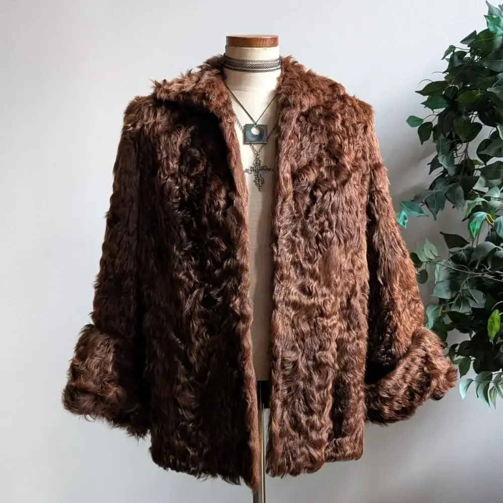 Vintage Leather Penny Lane Jacket Faux Fur Furry 70s Afghan Tapestry Trench Coat - Picture 12 of 16